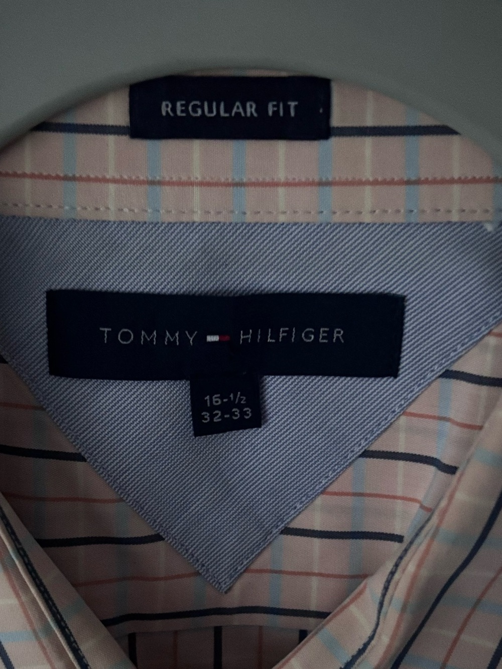 Tommy Hilfiger Peach Dress Shirt with Blue and Navy Stripes